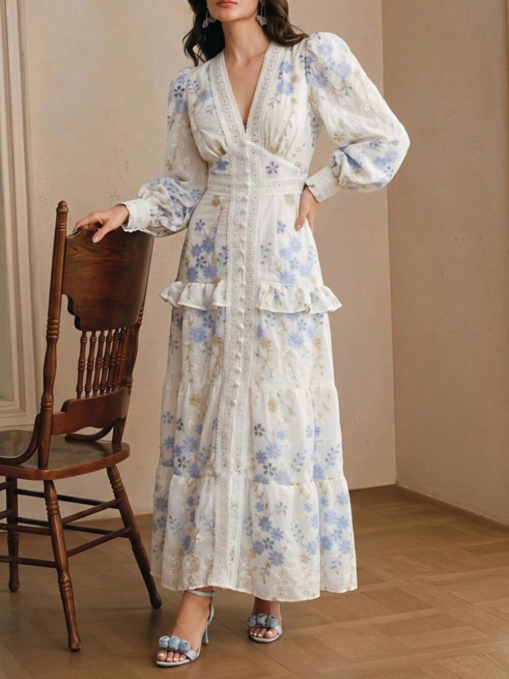 Ivory Blue Floral Embroidered Lace Trim V Neck Tiered Maxi Dress